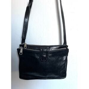 Hobo Bag Crossbody Black Embossed Leather Zipper Buckle Compartments